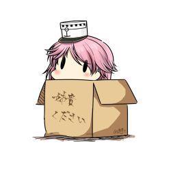 Rule 34 | 1girl, anchor symbol, box, cardboard box, dated, giuseppe garibaldi (kancolle), hat, hatsuzuki 527, in box, in container, kantai collection, pink hair, short hair, simple background, solid oval eyes, solo, translation request, twitter username, white background, white hat