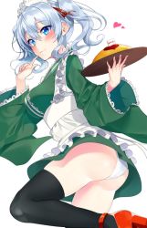 Rule 34 | 10s, 1girl, :3, alternate costume, apron, ass, black thighhighs, blush, breasts, closed mouth, english text, flag, food, frilled apron, frills, from side, green kimono, hair between eyes, hand up, heart, high heels, highres, holding, holding tray, index finger raised, japanese clothes, kantai collection, kashima (kancolle), kimono, long sleeves, looking at viewer, maid, maid headdress, medium breasts, nezumi doshi, omelet, omurice, panties, pantyshot, red footwear, shoes, short kimono, simple background, smile, solo, standing, standing on one leg, thighhighs, thighs, tray, twintails, underwear, upskirt, wa maid, wavy hair, white background, white panties, wide sleeves
