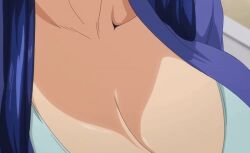 2023 20s animated animated_gif blue_hair breasts futei_with_the_animation huge_breasts jacket jewelry kaori_miyama large_breasts long_hair mature_female neck pink_pineapple ring sagging_breasts suit_jacket tagme wedding_ring