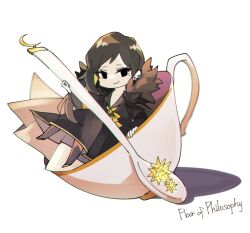 Rule 34 | 0o0onnk, 1girl, binah (project moon), black cape, black dress, black eyes, black hair, black sailor collar, blonde hair, cape, closed mouth, colored inner hair, cup, dress, highres, in container, in cup, library of ruina, long hair, long sleeves, multicolored hair, project moon, sailor collar, simple background, smile, solo, teacup, teaspoon, white background