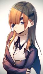 Rule 34 | 1girl, black coat, blue eyes, blunt bangs, brown hair, chromatic aberration, coat, eyepatch, eyes visible through hair, fal (fal-se-0), fate/grand order, fate (series), gradient background, grey background, highres, holding elbow, long hair, long sleeves, looking at viewer, one eye covered, open mouth, ophelia phamrsolone, simple background, solo, white background