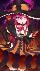 Rule 34 | 1girl, absurdres, black thighhighs, blue eyes, blush, capelet, closed mouth, commentary request, cowboy shot, detached sleeves, dress, elizabeth bathory (fate), elizabeth bathory (fate/extra ccc), elizabeth bathory (halloween caster) (fate), fate/grand order, fate (series), finger to mouth, flat chest, hair between eyes, halloween, hand on own hip, hat, highres, horns, index finger raised, long hair, looking at viewer, nezumidoshi, purple hair, shushing, sidelocks, skirt, smile, solo, striped clothes, striped dress, striped skirt, thighhighs, tsurime, vertical-striped clothes, vertical-striped dress, vertical-striped skirt, witch hat