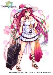 Rule 34 | 1girl, ankle lace-up, arm garter, bare shoulders, blush, bodice, breasts, cattleya (flower knight girl), cleavage, copyright name, cross-laced clothes, cross-laced footwear, flower, flower knight girl, frilled skirt, frills, full body, hair between eyes, halterneck, hand on own hip, hat, hat flower, large breasts, layered skirt, long hair, looking at viewer, name connection, no socks, object namesake, official art, red eyes, red hair, rolling suitcase, sandals, scrunchie, sidelocks, skirt, sleeveless, smile, solo, standing, suitcase, sun hat, toes, utsurogi akira, watermark, white background, white hat, white skirt, wrist scrunchie