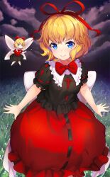 Rule 34 | 1girl, back bow, black footwear, black ribbon, black shirt, black skirt, blonde hair, blue eyes, blush, bow, bowtie, bubble skirt, closed mouth, cloud, collar, collared shirt, cross, fairy, fairy wings, frilled shirt, frilled shirt collar, frilled skirt, frills, grass, hair bow, hair ribbon, looking at viewer, medicine melancholy, night, nonomaro, official art, puffy short sleeves, puffy sleeves, red bow, red bowtie, red cross, red ribbon, red shirt, red skirt, ribbon, ribbon-trimmed shirt, ribbon-trimmed skirt, ribbon trim, shirt, short hair, short sleeves, skirt, smile, star (sky), thighhighs, touhou, touhou cannonball, wavy hair, white bow, white collar, white thighhighs, wings