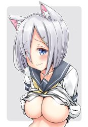 Rule 34 | 10s, 1girl, absurdres, animal ear fluff, animal ears, blue eyes, breasts, bulbonne, cat ears, embarrassed, eyebrows, eyes visible through hair, gloves, hair ornament, hair over one eye, hairclip, hamakaze (kancolle), highres, kantai collection, kemonomimi mode, large breasts, looking at viewer, md5 mismatch, resolution mismatch, school uniform, serafuku, short hair, silver hair, slit pupils, solo, source smaller, underboob, white gloves