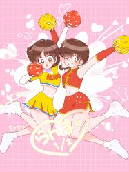 Rule 34 | 2girls, blush, braid, brown hair, character name, cheerleader, chinese clothes, clothes writing, copyright name, gold trim, grid background, heart, highres, holding, holding pom poms, long sleeves, miniskirt, multiple girls, one eye closed, open mouth, pink background, pleated skirt, pom pom (cheerleading), pom poms, punch121ykk, ranma-chan, ranma 1/2, shirt, shoes, short hair, side slit, skirt, smile, sneakers, tendou akane, white footwear, yellow shirt, yellow skirt
