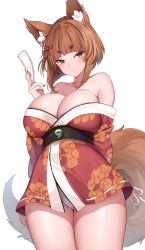 Rule 34 | 1girl, absurdres, animal ears, blunt bangs, blush, bob cut, breasts, brown eyes, brown hair, brown nails, cleavage, closed mouth, commission, cowboy shot, fingernails, fox ears, fox tail, highres, holding, inverted bob, japanese clothes, kimono, large breasts, looking at viewer, medium hair, nail polish, off shoulder, original, panties, pantyshot, short eyebrows, short kimono, simple background, skeb commission, solo, suruga (xsurugax), tail, talisman, thick eyebrows, underwear, white background, white panties