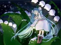Rule 34 | 1girl, aqua hair, arms behind back, boots, capelet, cherry, commentary, dress, closed eyes, flower, food, fruit, fur-trimmed boots, fur-trimmed capelet, fur trim, gold trim, hair flower, hair ornament, hairband, hatsune miku, hoop skirt, leaf, leaning forward, lily of the valley, long hair, night, nishina hima, skirt, snow, snowbell (flower), solo, twintails, very long hair, vocaloid, white capelet, white dress, white skirt, unfinished, yuki miku, yuki miku (2015)