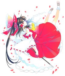 Rule 34 | 1girl, arms behind back, bobby socks, bow, brown hair, detached sleeves, falling, full body, gohei, hair bow, hakurei reimu, holding, long hair, mary janes, muzuki uruu, nontraditional miko, petals, ponytail, profile, red bow, red skirt, shoes, simple background, skirt, skirt set, socks, solo, touhou, very long hair, white background, white socks, wide sleeves