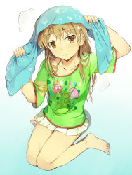 Rule 34 | 1girl, absurdres, arm up, barefoot, blue background, blush, brown eyes, brown hair, closed mouth, collarbone, commentary request, fingernails, food print, full body, gradient background, green shirt, hand up, highres, holding, holding towel, idolmaster, idolmaster cinderella girls, long hair, looking at viewer, morikubo nono, multicolored polka dots, mushroom print, pleated skirt, polka dot, polka dot shirt, print shirt, seneto, shadow, shirt, short sleeves, sitting, skirt, solo, steam, sweat, towel, very long hair, wariza, wet, wet hair, white background, white skirt, wide sleeves