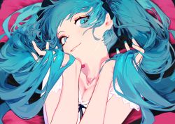 Rule 34 | 1girl, bed sheet, blue eyes, blue hair, blue nails, breasts, cleavage, collarbone, fingernails, hands in hair, hatsune miku, head tilt, highres, holding, holding own hair, long fingernails, long hair, looking at viewer, lying, medium breasts, nail polish, on back, on bed, parted lips, shirt, short sleeves, smile, solo, supreme (module), twintails, upper body, very long hair, vocaloid, waterswing, white shirt, world is mine (vocaloid)