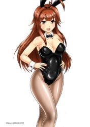 Rule 34 | 1girl, ahoge, animal ears, black bow, black bowtie, black leotard, black pantyhose, bow, bowtie, breasts, brown eyes, brown hair, cleavage, commentary request, cowboy shot, detached collar, fake animal ears, hands on own hips, huge ahoge, kantai collection, kudou (ooabareteng), kuma (kancolle), leotard, long hair, looking at viewer, medium breasts, one-hour drawing challenge, pantyhose, playboy bunny, rabbit ears, rabbit tail, simple background, solo, strapless, strapless leotard, tail, twitter username, white background, wrist cuffs