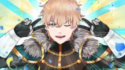 Rule 34 | 1boy, black gloves, black shirt, blonde hair, blue background, cape, chain, double v, emotional engine - full drive, fate/grand order, fate (series), fur-trimmed cape, fur trim, gauntlets, gawain (fate), gloves, gonburu juan, green cape, green eyes, hair between eyes, hands up, highres, long sleeves, looking at viewer, male focus, one eye closed, open mouth, parody, petals, shirt, short hair, smile, solo, sparkle, striped, striped background, v