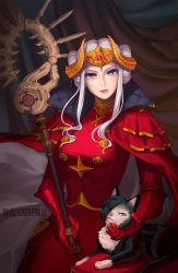 Rule 34 | 1girl, animalization, artist name, axe, aymr (fire emblem), cape, cat, closed mouth, curtains, double bun, edelgard von hresvelg, fire emblem, fire emblem: three houses, gloves, hair over one eye, headpiece, heroes relic (fire emblem), holding, holding axe, hubert von vestra, indoors, long hair, looking at viewer, nintendo, purple eyes, red cape, red gloves, shattered earth, sidelocks, sitting, white hair