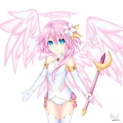 Rule 34 | 1girl, absurdres, artist name, bare shoulders, blue eyes, cosplay, elbow gloves, feathered wings, flower, four goddesses online: cyber dimension neptune, gloves, hair flower, hair ornament, halo, highres, holding, holding staff, jewelry, long hair, looking at viewer, neptune (series), pink hair, power symbol, power symbol-shaped pupils, ram (neptunia), rhapsofree, simple background, smile, solo, staff, symbol-shaped pupils, white background, white gloves, white heart (neptunia), white heart (neptunia) (cosplay), white legwear, white sister ram, wings