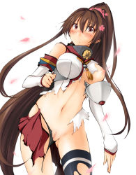 Rule 34 | 10s, 1girl, black panties, black thighhighs, blush, breasts, brown eyes, brown hair, censored, cherry blossoms, flower, frown, full-face blush, hair flower, hair ornament, kaminagi (kaminagi-tei), kantai collection, large breasts, long hair, mosaic censoring, panties, petals, pixelated, pleated skirt, ponytail, pussy, shirt, simple background, single thighhigh, skirt, solo, thighhighs, torn clothes, torn panties, torn shirt, torn skirt, underwear, very long hair, wardrobe malfunction, white background, yamato (kancolle)