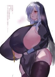 Rule 34 | 1girl, arknights, black dress, black thighhighs, blush, breasts, cowboy shot, cross, cross necklace, curvy, dot nose, dress, eyelashes, female focus, gigantic breasts, grey hair, grin, habit, hair over one eye, half-closed eyes, highres, hip vent, impossible clothes, japanese text, jewelry, kurokuroooi, loincloth, long hair, long sleeves, mole, mole under mouth, necklace, nun, red eyes, shiny clothes, shiny skin, sideboob, smile, solo, specter (arknights), standing, teeth, thick thighs, thighhighs, thighs, translation request, underboob, white background, wide hips
