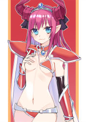 Rule 34 | 1girl, arm at side, arm guards, armor, bikini, bikini armor, bikini top lift, blue eyes, breasts, cape, clenched hand, clothes lift, collar, collarbone, curled horns, elizabeth bathory (brave) (fate), elizabeth bathory (fate), fate/grand order, fate (series), gem, groin, hand on own chest, horns, lifted by self, long hair, looking at viewer, lowleg, lowleg bikini, medium breasts, navel, pauldrons, pink hair, pointy ears, red background, red bikini, ryuuno6, shoulder armor, sidelocks, smile, solo, standing, stomach, swimsuit, teasing, tiara, tsurime, underboob, vambraces, white cape