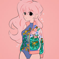 Rule 34 | 1girl, bad id, bad instagram id, black eyes, blue leotard, breasts, collaboration, cowboy shot, flower, hair between eyes, jacket, leotard, liquid, long hair, long sleeves, meyoco, open clothes, open jacket, original, parted lips, pink background, pink flower, pink hair, plant, print jacket, print leotard, simple background, solo, sparkle, stephanie priscilla, very long hair, white flower