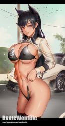 Rule 34 | 1girl, animal, animal ears, atago (azur lane), azur lane, bikini, bikini pull, bird, black bikini, black hair, black thighhighs, breasts, car, closed mouth, clothes pull, commentary request, covered erect nipples, dantewontdie, day, highres, lamborghini, large breasts, legs together, long hair, looking at viewer, mole, mole under eye, motor vehicle, nail polish, navel, outdoors, power lines, pulled by self, purple eyes, road, shiny skin, shrug (clothing), skindentation, solo, standing, stomach, straight hair, swimsuit, thighhighs, wrist cuffs