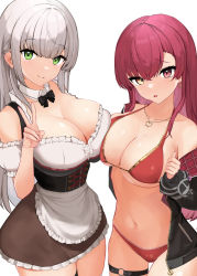Rule 34 | 2girls, apron, asymmetrical docking, bikini, black bow, black bowtie, black jacket, bow, bowtie, breast press, breasts, cleavage, corset, cowboy shot, detached collar, detached sleeves, dress, frilled dress, frills, gold necklace, green eyes, grey hair, hair down, hand up, heart, heart necklace, heterochromia, highres, hololive, houshou marine, houshou marine (summer), jacket, jewelry, large breasts, long hair, looking at viewer, maid, maid apron, multiple girls, navel, necklace, o-ring, o-ring thigh strap, off-shoulder shirt, off shoulder, official alternate costume, oritonagi, plaid, red bikini, red eyes, red hair, shirogane noel, shirogane noel (dirndl), shirt, short dress, single bare shoulder, stomach, swimsuit, thigh gap, thigh strap, v, virtual youtuber, white shirt, yellow eyes