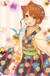 Rule 34 | 1girl, :o, bad id, bad pixiv id, bird, blush, bow, brown hair, checkered sash, commentary request, cowboy shot, floral background, floral print, flower, flower request, gloves, hair bow, highres, japanese clothes, kimono, koretsuna, open mouth, pansy, pink background, red bow, sajima yumi, sash, school girl strikers, solo, striped background, striped clothes, striped kimono, teeth, two-tone background, vertical-striped clothes, vertical-striped kimono, white background, wide sleeves, yellow eyes, yellow flower, yellow gloves, yellow pansy