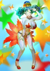Rule 34 | 1girl, aqua eyes, aqua hair, bent over, bishoujo senshi sailor moon, bracelet, breasts, chain, covered erect nipples, female focus, gradient background, high heels, highres, huge breasts, jewelry, large breasts, navel, necklace, noura, nude, pale skin, pasties, pigeon-toed, smile, solo, twintails, uchoten (sailor moon), v