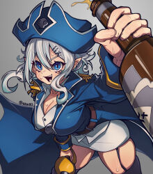 Rule 34 | 1girl, alcohol, belt, black thighhighs, blue eyes, blue jacket, borrowed character, bottle, breasts, cleavage, ear piercing, epaulettes, garter straps, hair ornament, hairclip, hat, highres, holding, holding bottle, holding weapon, jacket, large breasts, long sleeves, original, piercing, pirate, pirate hat, skirt, solo, thighhighs, waa153, weapon, white hair, white skirt, x hair ornament
