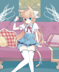 Rule 34 | 1girl, animal ears, bad id, bad pixiv id, blonde hair, blue eyes, cat, cat ears, cat tail, couch, female focus, highres, indoors, long hair, mizuki (koko lost), original, ribbon, short sleeves, sitting, solo, tail, thighhighs, white thighhighs, wrist cuffs