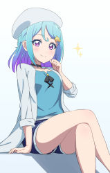 Rule 34 | 10s, 1girl, acchi (koiyimknp), aikatsu! (series), aikatsu friends!, belt, black choker, blue hair, blue shirt, blue shorts, blush, braid, choker, closed mouth, coat, crossed legs, glasses, gradient hair, hat, highres, legs, looking at viewer, medium hair, minato mio, multicolored hair, open clothes, open coat, panties, panty peek, purple hair, shirt, short shorts, shorts, sitting, sleeves rolled up, smile, solo, sparkle, thighs, underwear, white hat