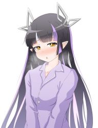 Rule 34 | 1girl, nanashi inc., alternate costume, alternate hairstyle, black hair, blunt bangs, blush, breasts, breath, commentary request, demon girl, demon horns, headband, highres, horns, kojo anna, long hair, looking at viewer, medium breasts, multicolored hair, nose blush, open mouth, pointy ears, purple hair, purple shirt, robou no stone, shirt, simple background, solo, sugar lyric, two-tone hair, upper body, virtual youtuber, white background, white headband, yellow eyes