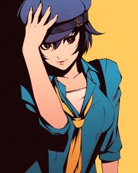 Rule 34 | 1girl, black background, black eyes, black hair, blue hat, blue shirt, collared shirt, hair between eyes, hand on headwear, hat, long sleeves, looking at viewer, moshimoshibe, necktie, parted lips, persona, persona 4, shirogane naoto, shirt, short hair, smile, solo, two-tone background, upper body, yellow background, yellow necktie