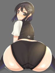Rule 34 | 1girl, artist request, ass, black hair, blush, brown eyes, from behind, hair ornament, hairclip, huge ass, kantai collection, looking at viewer, looking back, oyashio (kancolle), panties, short hair, sitting, solo, thighhighs, underwear, wariza