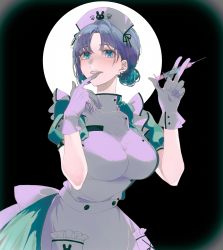 Rule 34 | 1girl, apron, asakura toru, back bow, blue eyes, blue hair, bow, breasts, chinese commentary, commentary request, dark, earrings, finger to mouth, frilled apron, frills, glint, gloves, grey gloves, grin, hair bun, hands up, hat, highres, holding, holding syringe, idolmaster, idolmaster shiny colors, jewelry, kkuang, large breasts, light blue hair, light blush, lips, looking at viewer, multicolored hair, nurse, nurse cap, parted bangs, puffy sleeves, single hair bun, smile, solo, syringe, two-tone hair, white apron, white bow