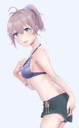 Rule 34 | 1girl, aoba (kancolle), bikini, black shorts, blue eyes, blue scrunchie, breasts, commentary request, denim, denim shorts, frilled bikini, frills, groin, hair ornament, hair scrunchie, hand on own chest, highres, hydromoon, kantai collection, leaning forward, looking at viewer, medium breasts, ponytail, purple bikini, purple hair, scrunchie, shorts, side-tie bikini bottom, simple background, smile, solo, swimsuit, white background