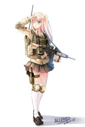 Rule 34 | 1girl, :o, absurdres, allenes, aqua eyes, arm up, artist name, assault rifle, blonde hair, blue eyes, brown skirt, bulletproof vest, dated, gun, highres, load bearing vest, long hair, one eye closed, original, rifle, shadow, shoes, side ponytail, signature, skirt, solo, thighhighs, uniform, vest, weapon, white thighhighs