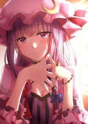 Rule 34 | 1girl, black nails, blue bow, blush, bow, breasts, cleavage, closed mouth, crescent, crescent hat ornament, dress, fingernails, frilled sleeves, frills, hair bow, hat, hat ornament, long hair, looking at viewer, medium breasts, mob cap, nail polish, patchouli knowledge, pink hat, purple dress, purple eyes, purple hair, ram hachimin, red bow, sidelocks, solo, striped clothes, striped dress, touhou, upper body, vertical-striped clothes, vertical-striped dress, wide sleeves
