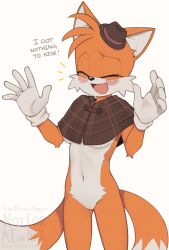 Rule 34 | 1girl, animal nose, blush, breasts, capelet, closed eyes, english text, fedora, fox girl, furry, furry female, genderswap, genderswap (mtf), gloves, hat, highres, medium breasts, multiple tails, navel, open mouth, orange fur, plaid capelet, simple background, solo, sonic (series), standing, tail, tails (sonic), the murder of sonic the hedgehog, two tails, underboob, white background, white gloves, yoako