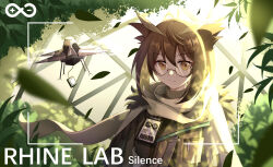 Rule 34 | 1girl, arknights, brown eyes, brown hair, character name, commentary request, drone, falling leaves, feather hair, glasses, highres, id card, leaf, looking at viewer, official alternate costume, owl ears, owl girl, quadcopter, rhine lab logo, round eyewear, scarf, semi-rimless eyewear, short hair, silence (arknights), silence (frosted breath) (arknights), solo, sweater, tree, txin xin, under-rim eyewear