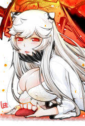 Rule 34 | 10s, 1girl, abyssal ship, artist name, blush, breasts, cleavage, dress, covered erect nipples, horns, kantai collection, large breasts, lee (colt), lips, long hair, looking at viewer, midway princess, pale skin, parted lips, red eyes, solo, very long hair, white dress, white hair