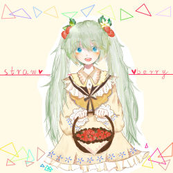 Rule 34 | 1girl, basket, blue eyes, dr. kaso, dress, english text, floral print, flower, food, food-themed hair ornament, food on head, frilled dress, frills, fruit, green hair, hair flower, hair ornament, hatsune miku, heart, holding, long hair, long sleeves, looking at viewer, object on head, open mouth, ribbon, simple background, smile, solo, strawberry, strawberry hair ornament, strawberry miku (tantan), tan background, triangle, twintails, upper body, very long hair, vocaloid, yellow dress