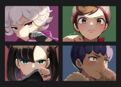 Rule 34 | 1girl, 3boys, asymmetrical bangs, bad id, bad pixiv id, beanie, bede (pokemon), black hair, brown eyes, brown hair, commentary request, creatures (company), crying, crying with eyes open, curly hair, dark-skinned male, dark skin, frown, fur-trimmed jacket, fur trim, game freak, green eyes, hand up, hat, highres, hop (pokemon), jacket, looking at viewer, marnie (pokemon), multiple boys, nintendo, pokemon, pokemon swsh, popped collar, purple eyes, red shirt, shirt, tearing up, tears, victor (pokemon), yellow eyes, yukin (es)