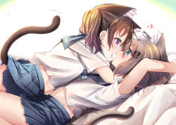 Rule 34 | 2girls, animal ear fluff, animal ears, arm up, blue bow, blue sailor collar, blue skirt, blush, bow, brown hair, cat ears, cat girl, cat tail, commentary request, eye contact, from side, girl on top, green eyes, hair between eyes, hair ornament, hairclip, heart, highres, imminent kiss, kemonomimi mode, kuraue hinata, looking at another, lying, mad (hazukiken), multiple girls, on back, open mouth, pleated skirt, profile, purple eyes, sailor collar, school uniform, serafuku, shirt, short sleeves, skirt, sparkle, tail, white shirt, yama no susume, yukimura aoi, yuri