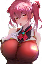 Rule 34 | 1girl, bare shoulders, breasts, cleavage, gloves, hair between eyes, hair ornament, hand on own chest, highres, hololive, houshou marine, huge breasts, looking at viewer, metsu end, red hair, red neckwear, saliva, see-through, see-through cleavage, short twintails, simple background, solo, sweatdrop, tongue, tongue out, twintails, upper body, virtual youtuber, white background, white gloves, yellow eyes