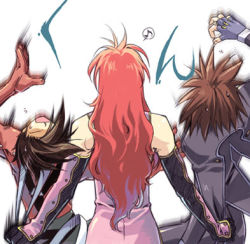 Rule 34 | 00s, 3boys, artist request, brown hair, closed eyes, fingerless gloves, gloves, kratos aurion, lloyd irving, long hair, lowres, male focus, multiple boys, musical note, open mouth, red hair, short hair, simple background, spiked hair, surprised, sweatdrop, tales of (series), tales of symphonia, text focus, translated, zelos wilder