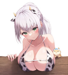 Rule 34 | 1girl, absurdres, alternate costume, animal, animal ears, animal print, bikini, bikini top only, blush, braid, breast rest, breasts, cleavage, clenched hand, closed mouth, collarbone, cow ears, cow horns, cow print, cow print bikini, fake animal ears, fake horns, french braid, green eyes, grey hair, highres, hololive, horns, large breasts, leaning forward, leaning on object, long hair, looking at viewer, official alternate hairstyle, ponytail, pop (shirogane noel), print bikini, shirogane noel, smile, swimsuit, tyabesu, virtual youtuber, white background