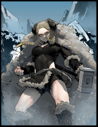 Rule 34 | 1girl, asymmetrical gloves, black footwear, black gloves, black shorts, blonde hair, boots, braid, breasts, cape, cleavage, closed mouth, commentary request, fingerless gloves, fur, fur boots, fur cape, gloves, gogalking, hair ornament, hair over shoulder, hammer, highres, holding, holding hammer, holding weapon, horns, large breasts, long hair, long sleeves, looking at viewer, mountain, muscular, muscular female, neckwear request, original, shirt, shorts, single fingerless glove, sky, solo focus, standing, twin braids, uneven gloves, weapon, winter, yellow eyes