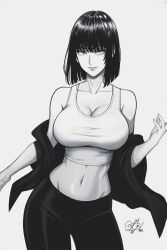 Rule 34 | 1girl, black pants, breasts, fubuki (one-punch man), greyscale, highres, large breasts, looking at viewer, midriff, monochrome, mostlybluewyatt, off shoulder, one-punch man, pants, shirt, short hair, signature, solo, t-shirt