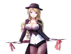 Rule 34 | 1girl, alternate costume, bad id, bad nicoseiga id, blonde hair, breasts, bustier, cleavage, cowboy shot, fishnet pantyhose, fishnets, gap (touhou), gloves, hat, highres, large breasts, looking at viewer, minust, pantyhose, parted lips, purple eyes, simple background, sketch, smile, solo, touhou, white background, white gloves, yakumo yukari