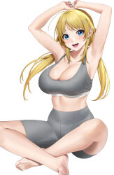 Rule 34 | 1girl, absurdres, armpits, arms up, bare legs, barefoot, bike shorts, blonde hair, blue eyes, blush, breasts, cleavage, commission, grey shorts, grey sports bra, hachimiya meguru, highres, idolmaster, idolmaster shiny colors, indian style, large breasts, looking at viewer, pixiv commission, presenting armpit, shinonome shake, shorts, simple background, sitting, smile, solo, sports bra, toes, twintails, white background